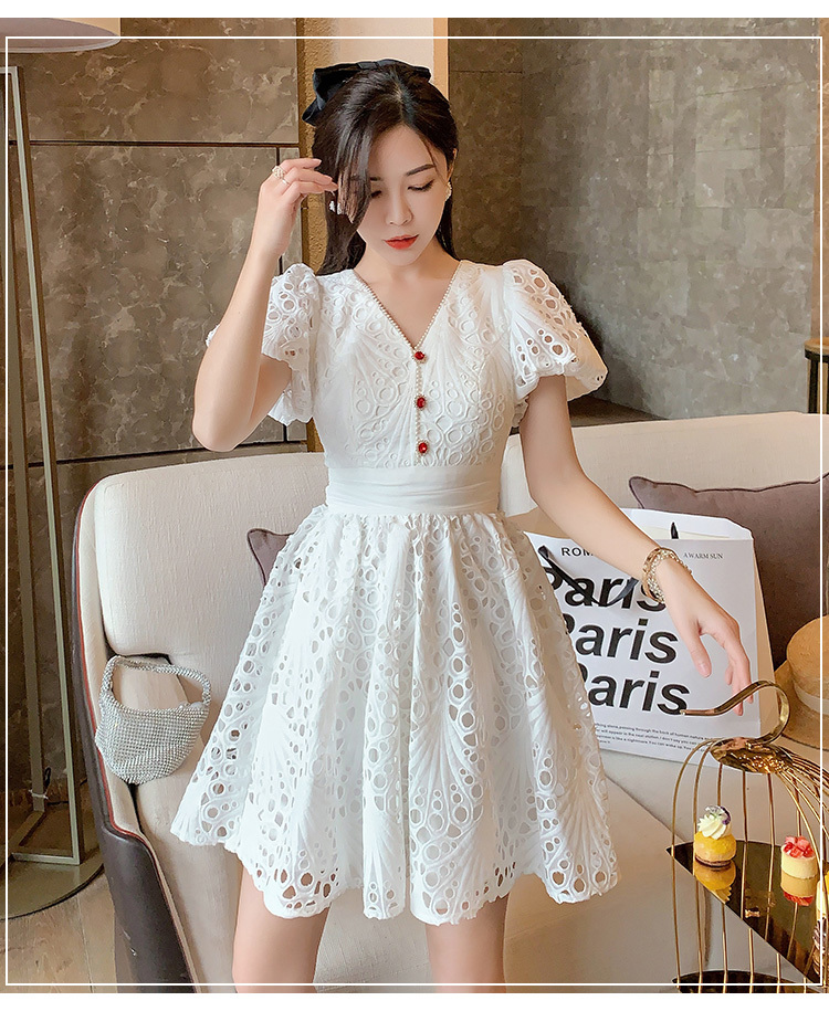 White Lace Hollow out Woman's Dress V-Neck High Waist Puff Sleeve Vestidos Summer Ladies Elegant Vintage Female 210519