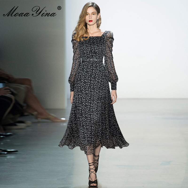 Summer Runway Black Dress Women's Square Collar Lantern sleeve Floral print Long Chiffon Party Gown 210524