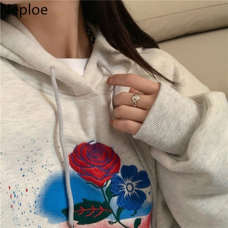 Neploe Rose Embroidery Sweatshirt Women Winter Clothes Vintage Hooded Oversized Outwear Streetwear Chic Fleece Hoodies Female 210422