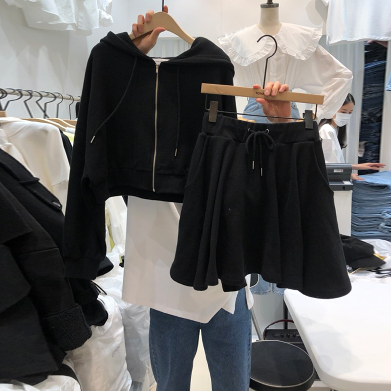 Nomikuma Women Skirt Sets Zipper Hooded Sweatshirt Coat + Lace Up Wait A-line Mini Skirt Korean Spring 2pieces Suits 6G544 210427