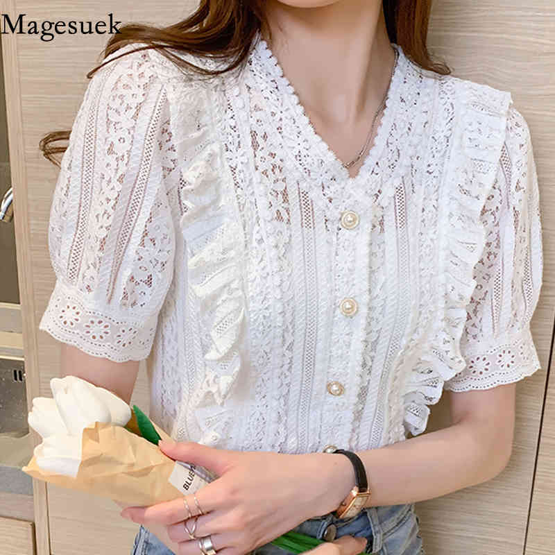 Summer V-neck Hollow Lace Crochet Blouse Women Solid Ruffled Woman Shirt Puff Short Sleeve Top Female Clothes Blusas 13990 210512