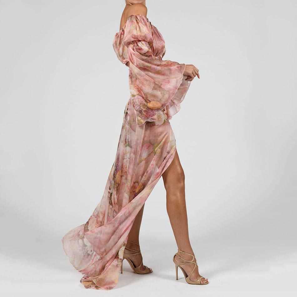 Summer Sexy Print Two-Piece Women'S Off-Shoulder Long Lantern Sleeve Crop Top High Open Skirt Fashion Party Suit 210527