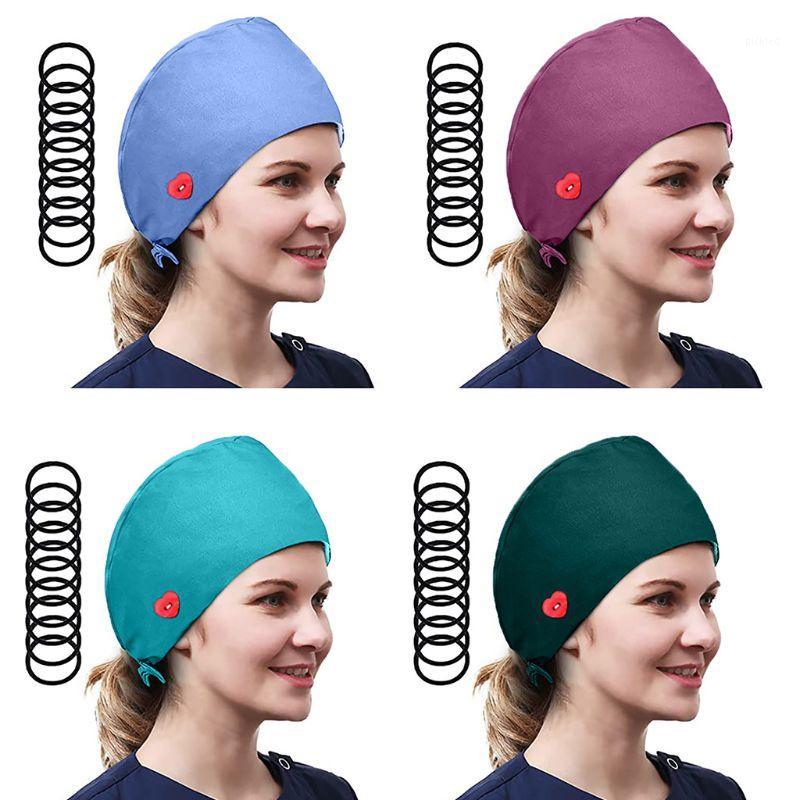 

Women Solid Color Buttons Scrub Cap With 10Pcs Elastic Hair Ties Protect Ears Work Bouffant Hat, Pl