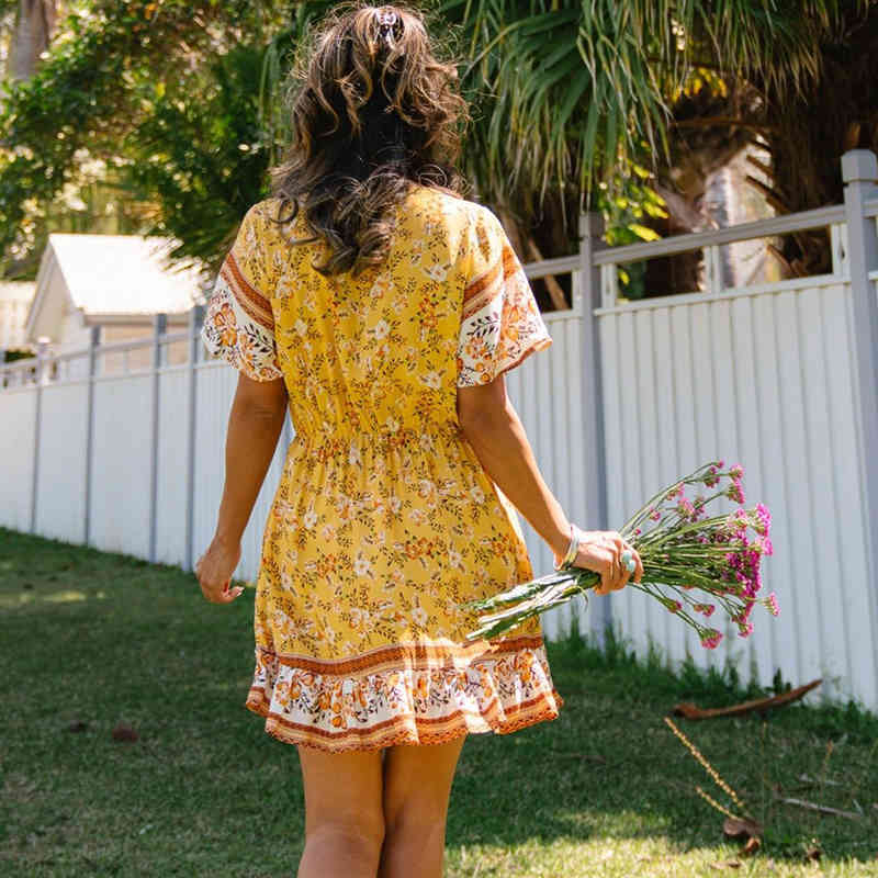 Casual Women Floal Print Summer Dress Short Sleeve A Line Dress Elegant Fashion Chic Boho Beach Dress Vestidos De Mujer 210415