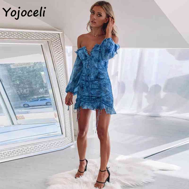 Yojoceli women off shoulder print dress women lace up boho beach party dress bodycon mini dress long sleeve spring 210409