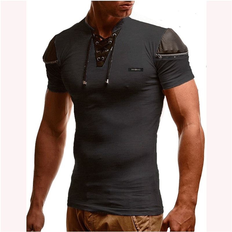 Mens Sexy Bandage Hollow Out White V Neck T Shirt Male Patchwork Leather T-shirt Men Hip Hop Streetwear Zipper Camisetas Hombre 210629