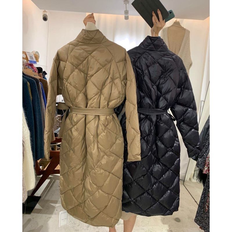 Wonder Long Rhombus Pattern Casual Sashes Women Parkas Pockets Tailored Collar Puffer Cotton-padded Outwear 210510