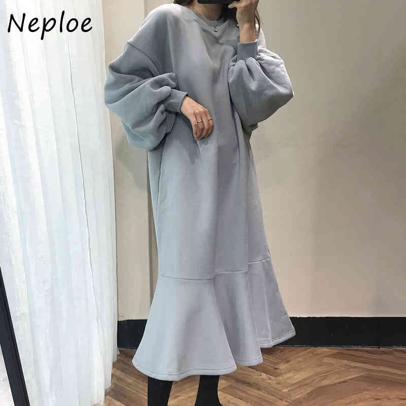 O-Neck Lantern Long Sleeve Pullover Warm Dress Women High Waist Hip Temperament Mermaid Vestidos Loose Robe Winter 210422Z