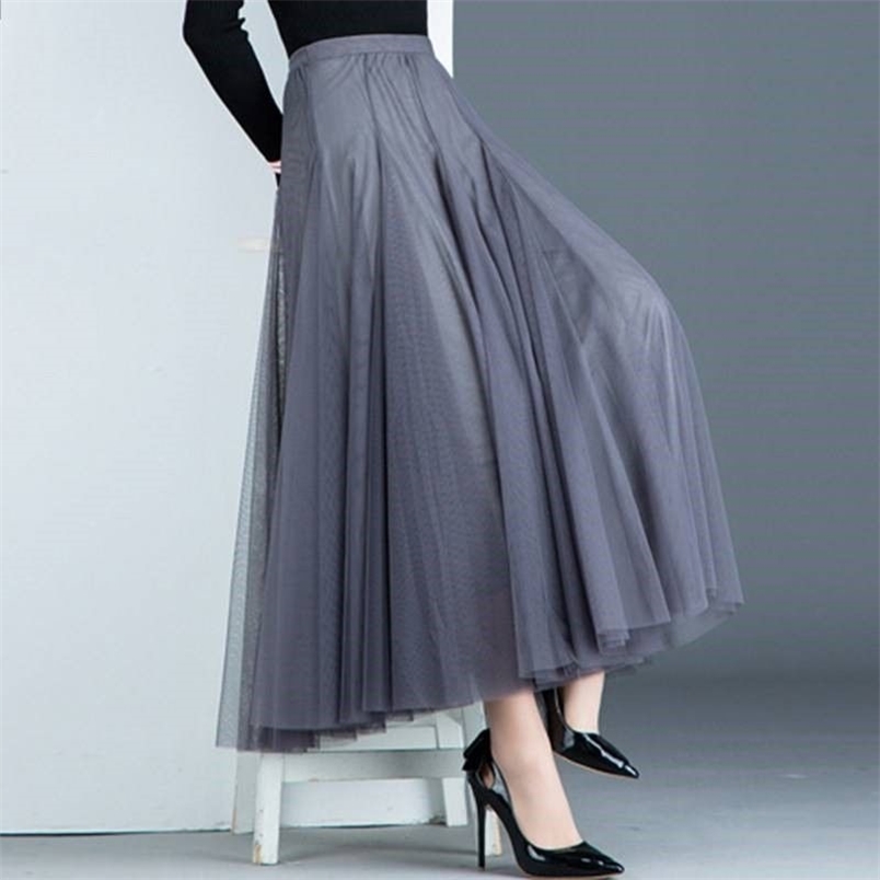 Spring Korea Fashion High Waist Mesh Long Skirt Sweet Women Student A-line Ball Gown Beige Good Quality D182 210512