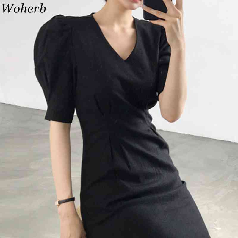 Korean Dress Women Chic Summer Elegant Robe V Neck Pleated Slim Vestidos Temperament Puff Sleeve Bodycon Maxi Dresses 210519