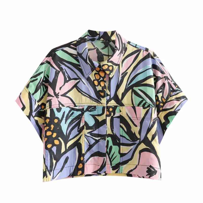 Summer Women Color Printing Patch Pocket Loose Blouse Female Short Sleeve Shirt Casual Lady Tops Blusas S8875 210430