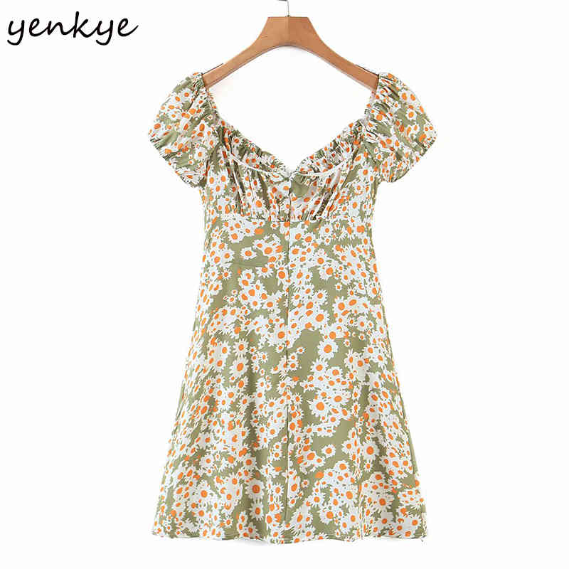 Sweet Summer Dress Women Vintage Floral Print kobieta sukienka Sexy Square Neck Short Sleeve A-line Mini Dress 210515