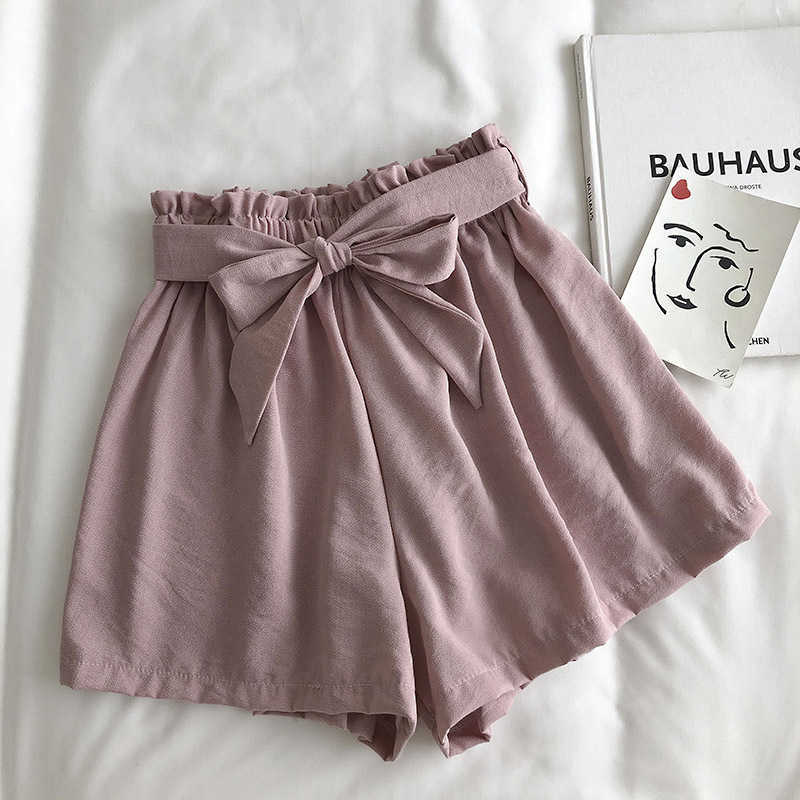 Fashion Summer shorts Korean Solid Color loose Cool Lace-up Elastic High Waist Wide Leg Casual Women's white 210714