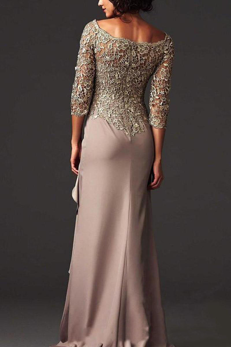 Elegant Sheer Lace Mother Of The Bride Gown With Long Sleeves And Floor Length