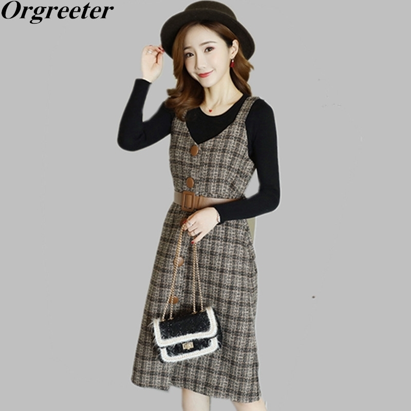 Tweed plaid strap dress suit Female Fall Winter O-neck Tops and Single-breasted Knee-length Dress 2 Piece Set Free Belt 210525, Picture color
Tweed plaid strap dress suit Female Fall Winter O-neck Tops and Single-breasted Knee-length Dress 2 Piece Set Free Belt 210525, Picture color