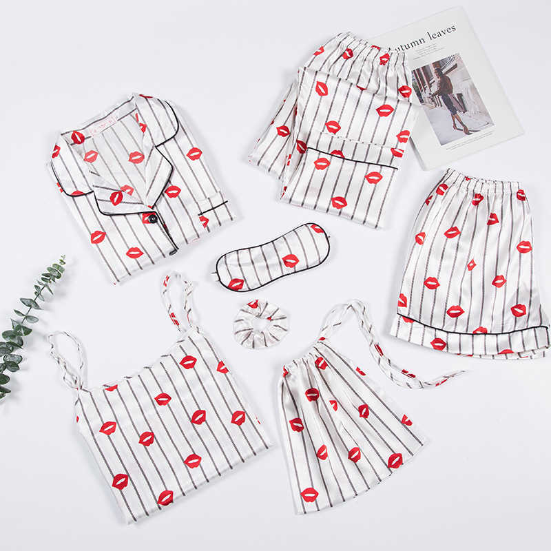 Pajamas Suit Print Women Sleepwear Satin Casual 7PCS Sleep Set Intimate Lingerie Novelty Nightwear Pyjamas Homewear Q0706