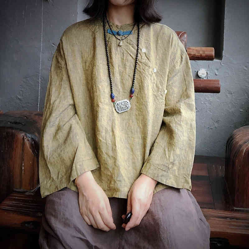 Johnature Vintage Linen Yellow-Green Women Shirts Autumn Stand Collar Casual Nine Quarter Sleeve Loose Retro Blouses 210521
Johnature Vintage Linen Yellow-Green Women Shirts Autumn Stand Collar Casual Nine Quarter Sleeve Loose Retro Blouses 210521