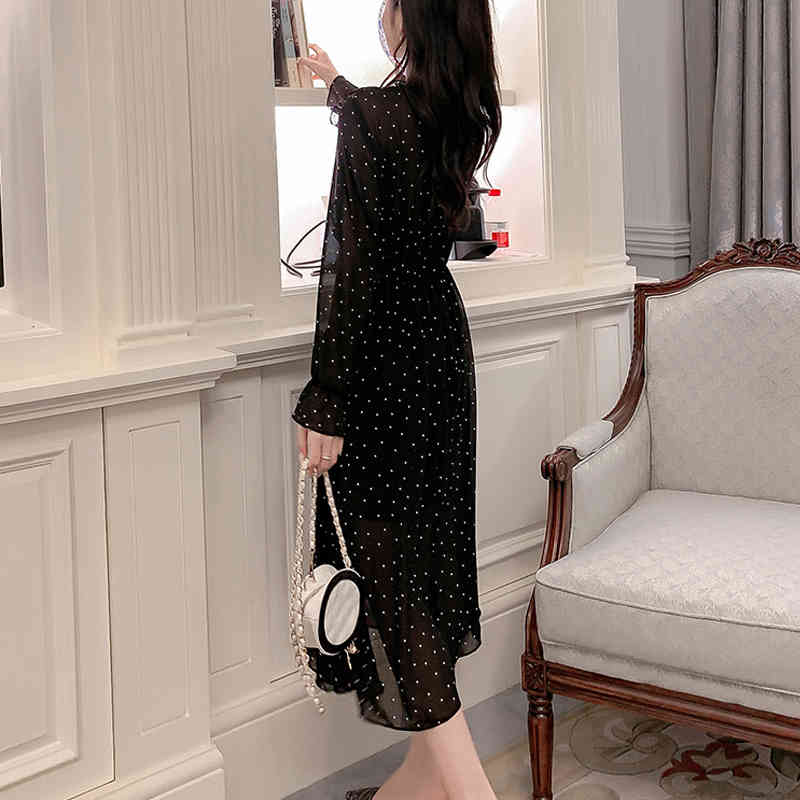 Vestidos De Verano Spring Korean Version Polka Dot Mullet Edge Chiffon Mid Long Dress and Autumn Bottom 8541 50 210508