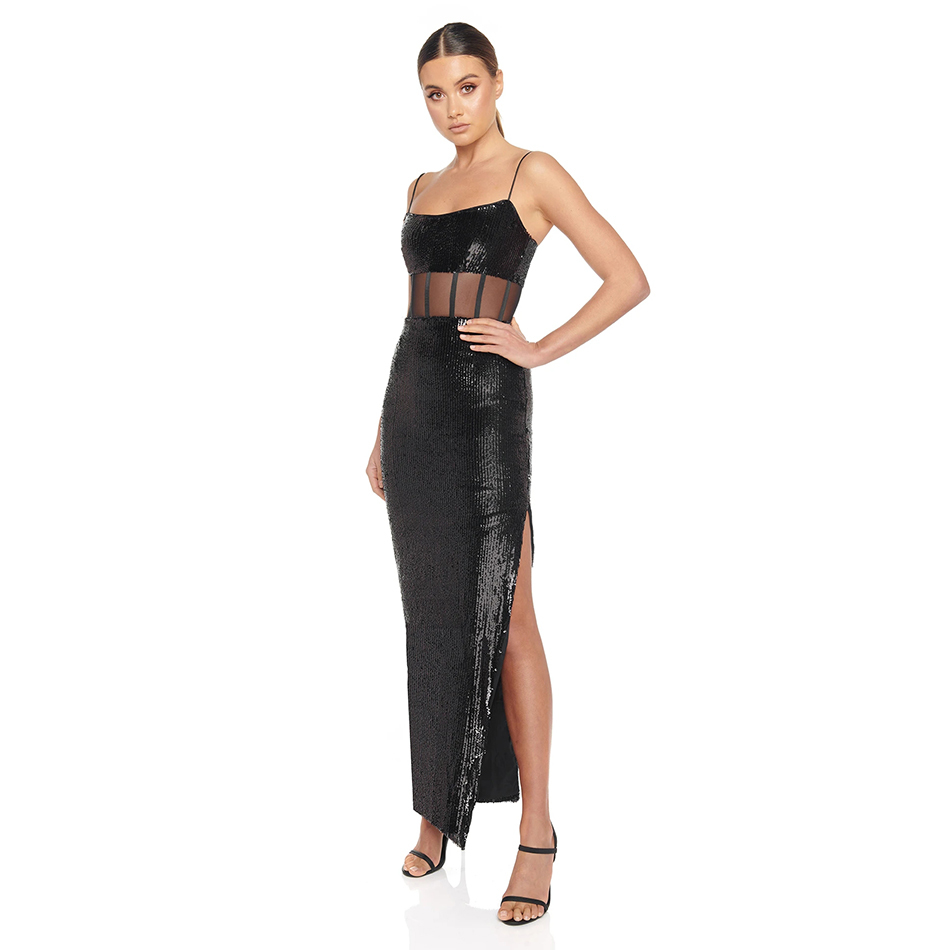 Free Black Sequined Long Dress Women Spaghetti Sleeveless Backless Sexy Bodycon Club Party Vestido 210524