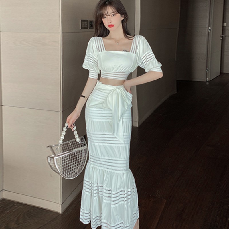 Summer 2pcs Set Women Boho Elegant Square Collar Puff Sleeve Sexy Crop Top + High Waist Bodycon Bowknot Mermaid Skirt Suit 210519