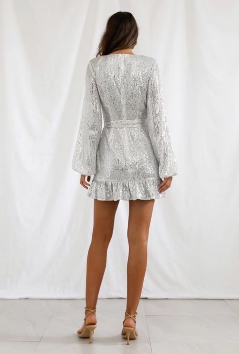 Autumn Ruffles Silver Sequins Wrap Dress Lacing up Waist Split Slim Fit Women Long sleeve Tea Dresses Bow Tide Vestido Party 210429