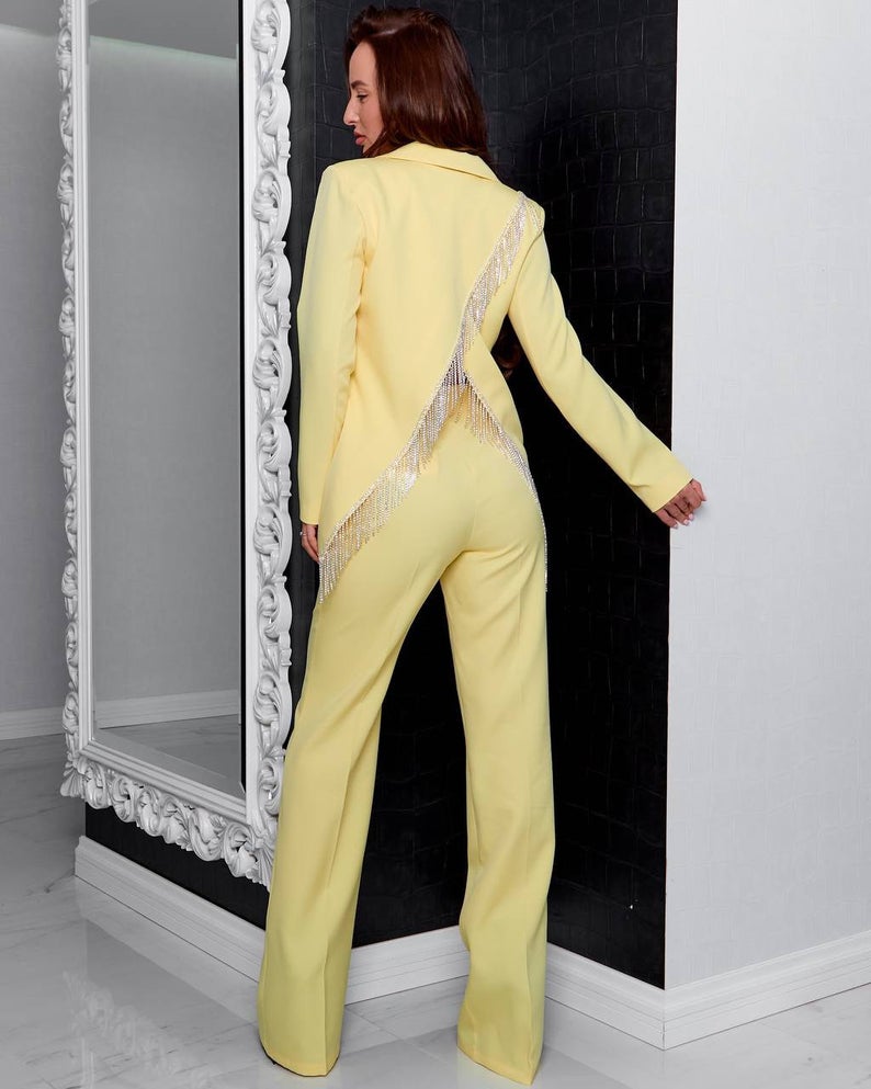 Fashion Design Women Blazer Suits with Beading Tassel Long Sleeve Ladies Formal Pants Suit Prom Party Wedding (jacket+pants)