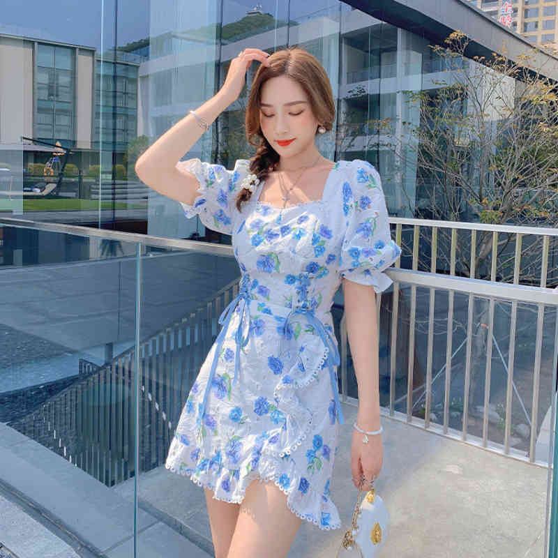 Sweet Floral Print 2 Pieces Sets Vintage Women Elegant Bandage Puff Sleeve Summer Blouse+Hight Wasit Skirts Suits 210510