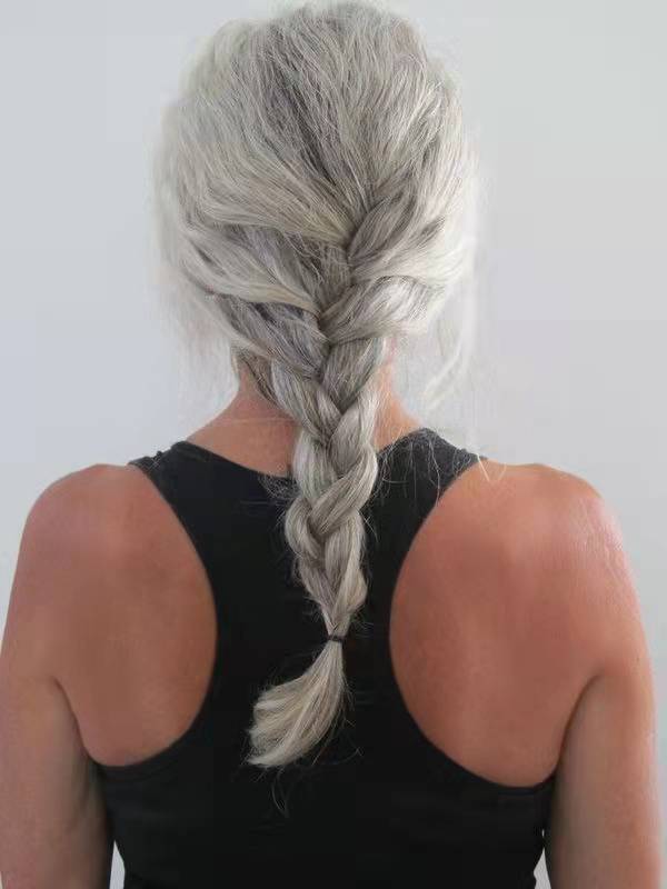 Gray grey Ponytail real hair extension silver salt and pepper long sleek brazilian hair pony tail hairpiece french braided aviable 120g