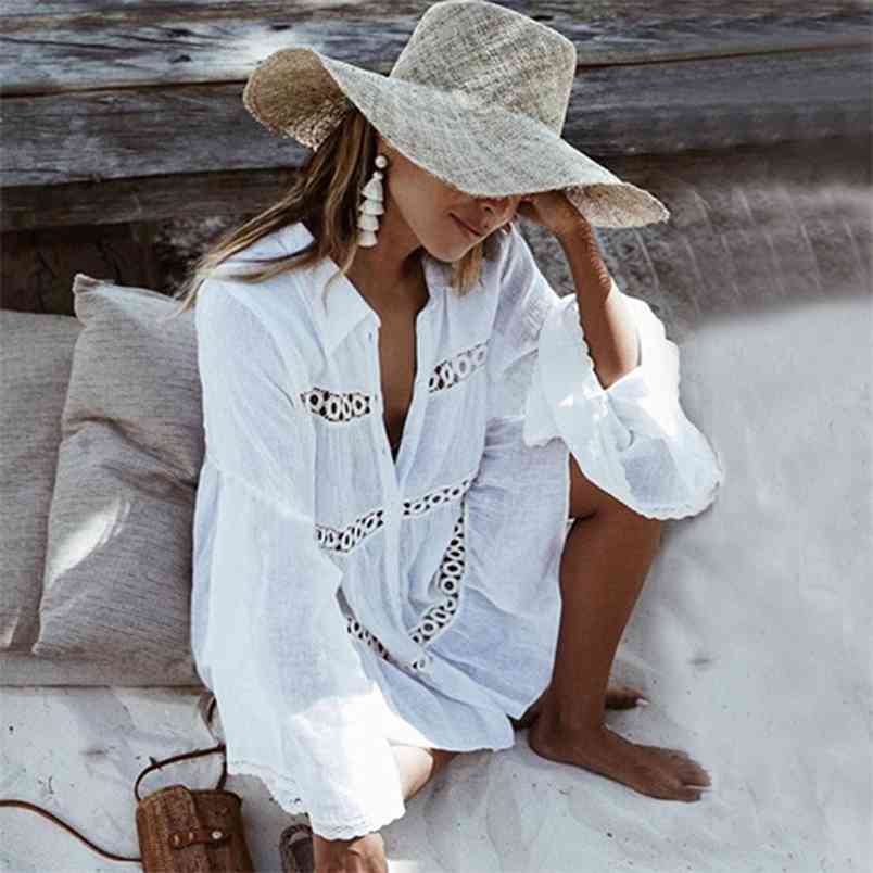 Flounce Flared Sleeves Beach Shirt Women Turn-down Collar Single Breasted Lady Casual Hollow Out Beachwear White Cover-Up Summer 210604
Flounce Flared Sleeves Beach Shirt Women Turn-down Collar Single Breasted Lady Casual Hollow Out Beachwear White Cover-Up Summer 210604