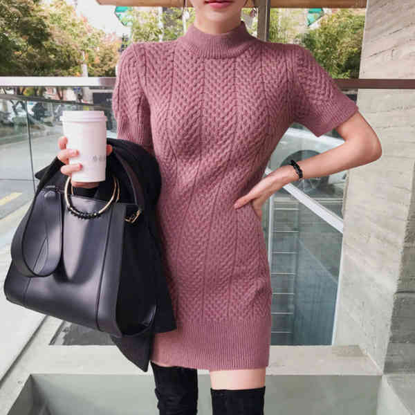 Autumn Winter Warm Bottoming Sweater Women Sexy Slim Bodycon Dress Female Half turtleneck short Sleeve Knitted Dress Vestidos 210518