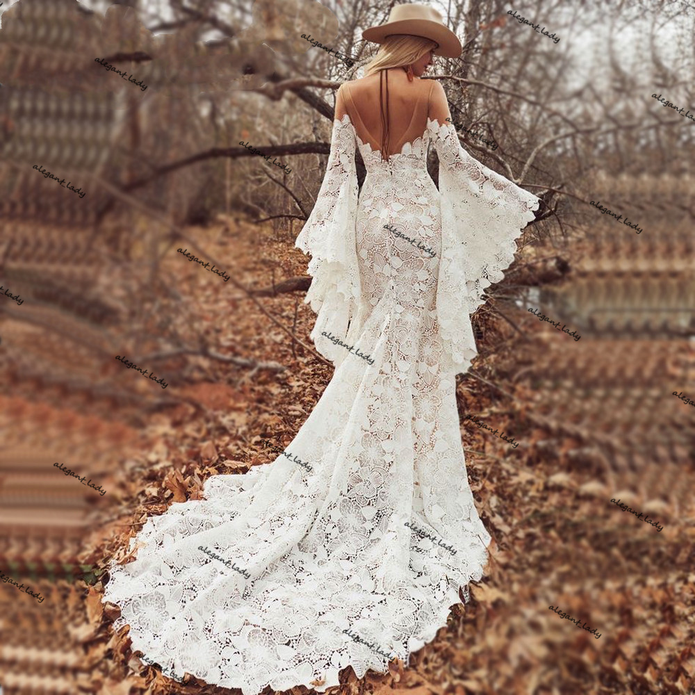 Long Boho Sleeves Wedding Dresses 2021 Sheer O-neck Vintage Crochet Bold cotton Lace Bohemian Hippie Country Bride Gowns