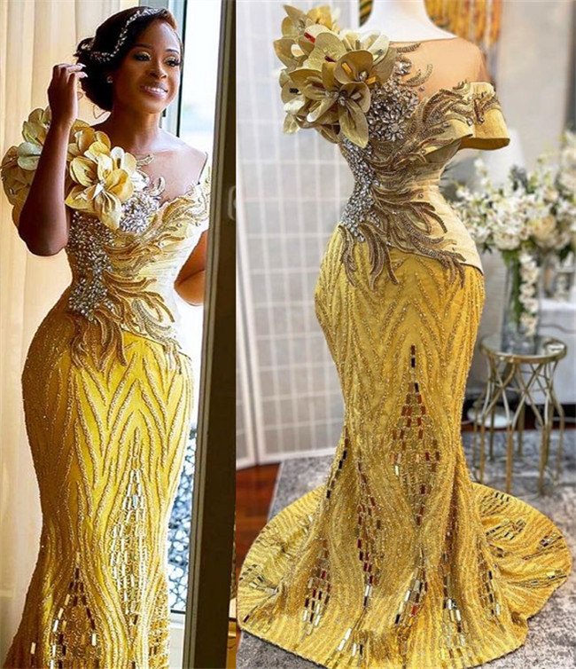 Plus Size Arabic Aso Ebi Gold Luxurious Sparkly Prom Dresses Beaded Crystals Stylish Evening Formal Party Second Reception Gowns Dress ZJ330