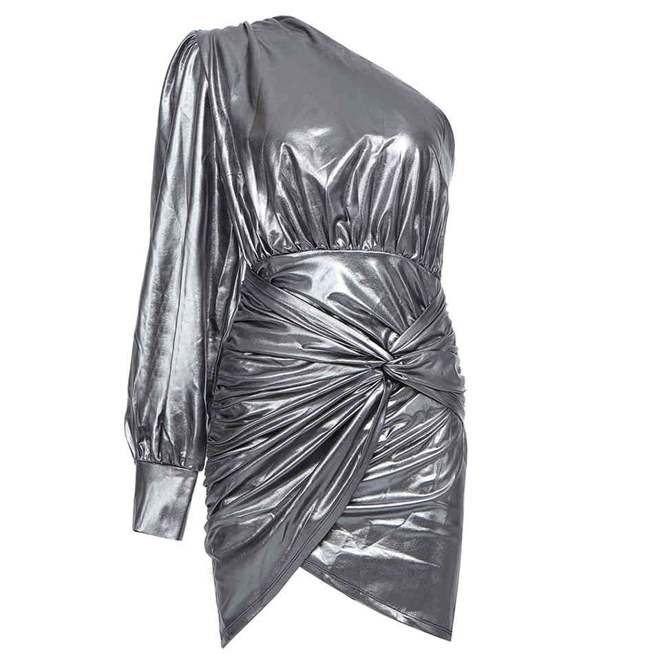 Winter Women One Shoulder Mini Dress Sexy Long Puff Sleeve Silver Club Celebrity Evening Runway Party Dresses 210423