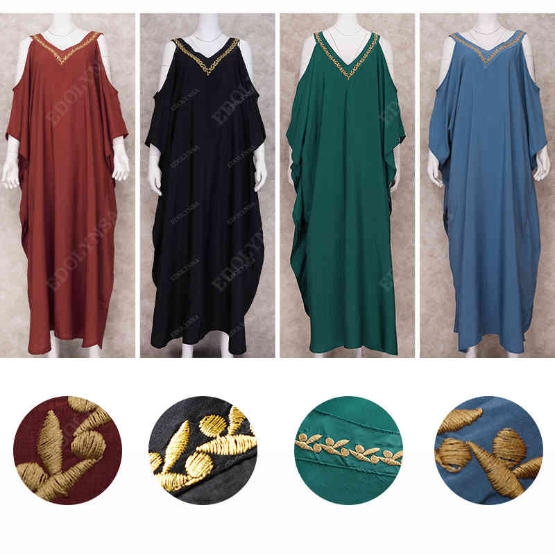 Sexy Cold Shoulder V Neck Bats Sleeve Loose Summer Beach Dress Plus Size Women Beachwear Kaftan Black Cotton Dress Q943 210409