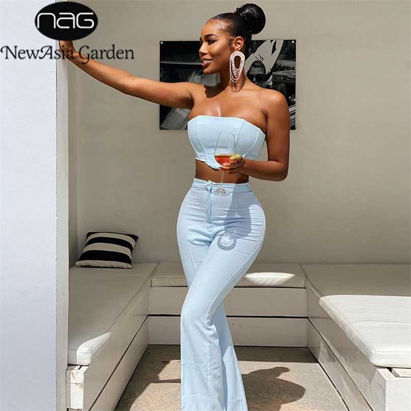 Asia Elegant Flars Pants Set Women Boning Bustier High Waist Long Two Piece Summer Sexy Party Wear Crop Top Suits 211105