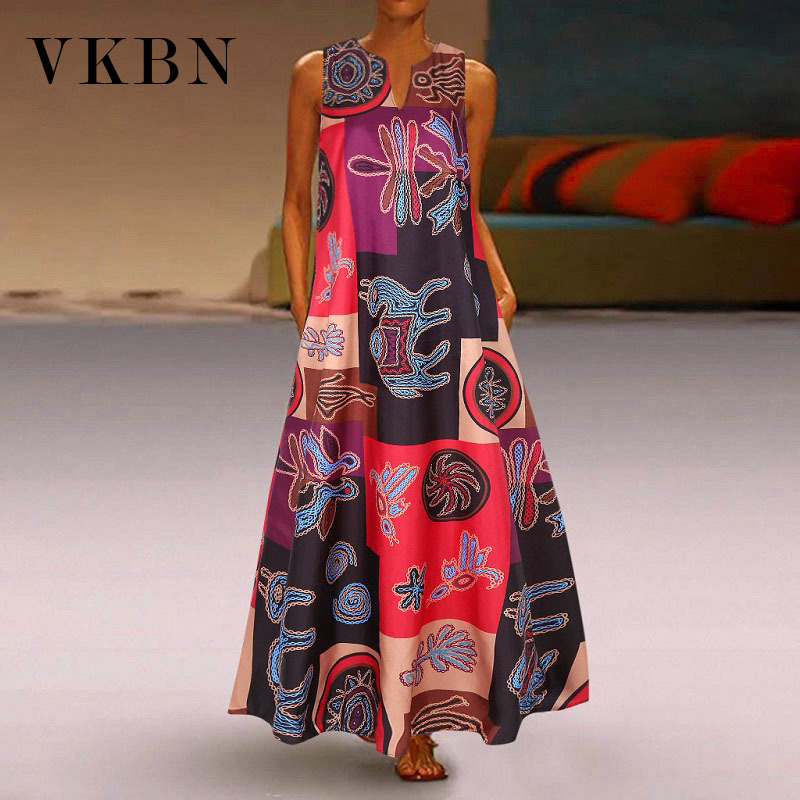 VKBN Summer Women Dress Up V-Neck Casual Plus Size Female Sleeveless Loose Party Dresses Women S-5XL 210507