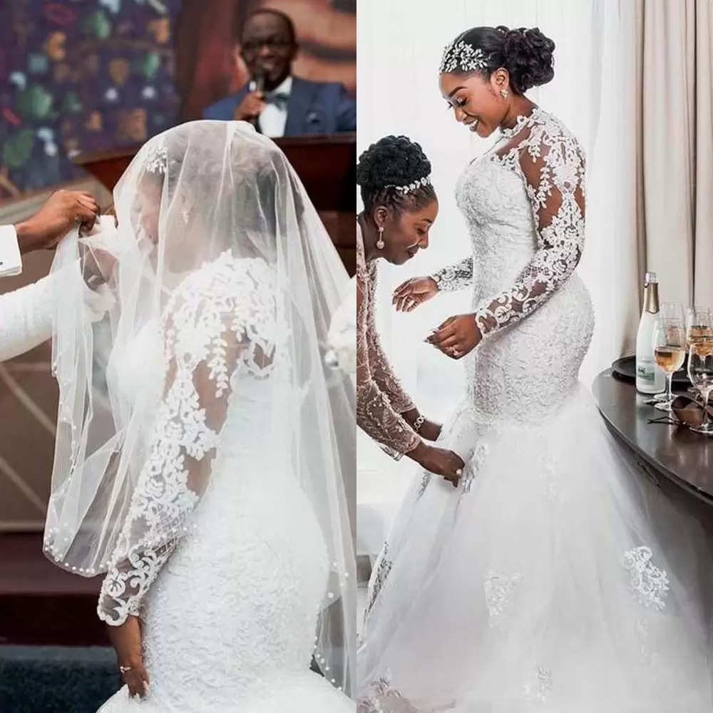 2022 Plus Size Mermaid Wedding Dresses Bridal Gown Lace Applique Jewel Neck Long Sleeves Crystals Beaded Custom Made Chapel Sweep Train Vestido de nov