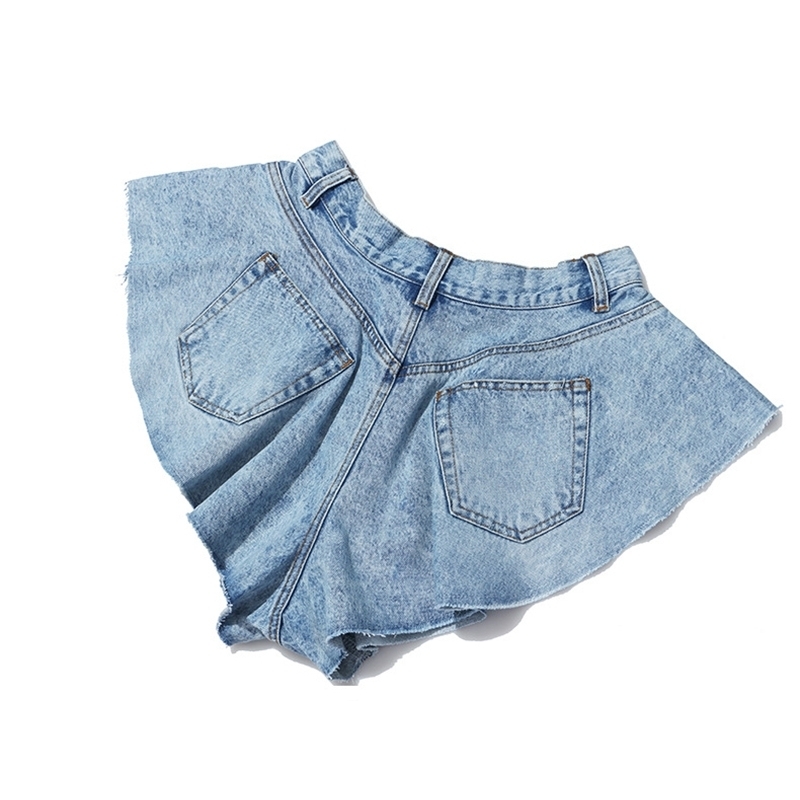 TWOTWINSTYLE Casual Denim Shorts Skirts High Waist Ruffle Hem Loose Ruched Short Pants Female Fashion Clothing Spring Tide 210309