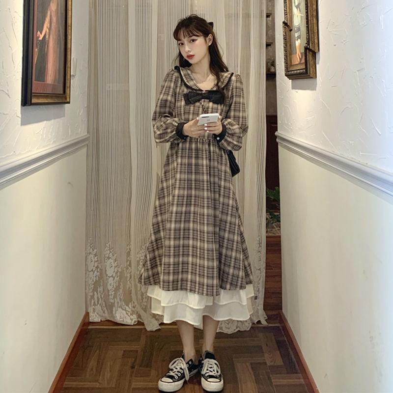 Vintage Plaid Dress Women Spring Long Sleeve Sailor Collar Elegant Sweet Midi Dress Female Party Dress Korean 210521