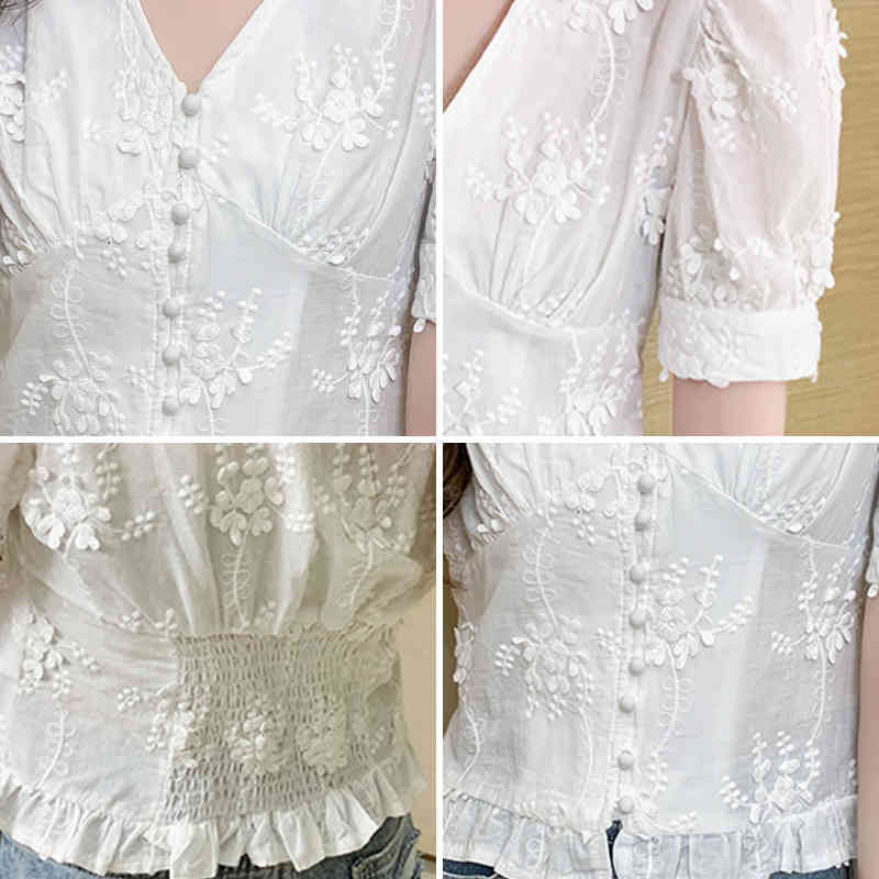 QOERLIN Pearl Button White Shirt Girl Plus Size Summer Retro Short Vneck Puff Sleeve Lace Shirt Women Embroidered Tops 210412