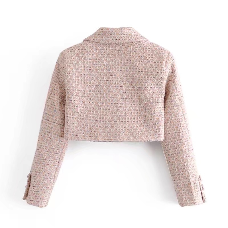 Sexy One Button Pink Weave Tweed Short Women Blazer Cropped Bra collar Spaghetti Strap Mini Dress Suits 2 Pieces Set Vintage 210429