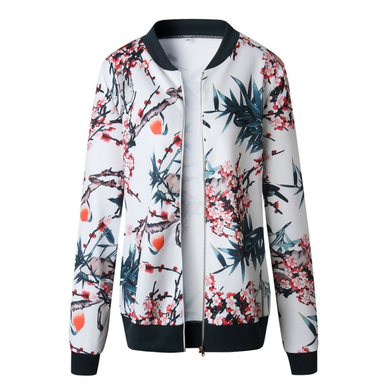 Floral Print Zipper Casual Jacket Women Spring Summer Long Sleeve Loose Bomber Jacket Coat O Neck Fashion Tops Outerwear 210419