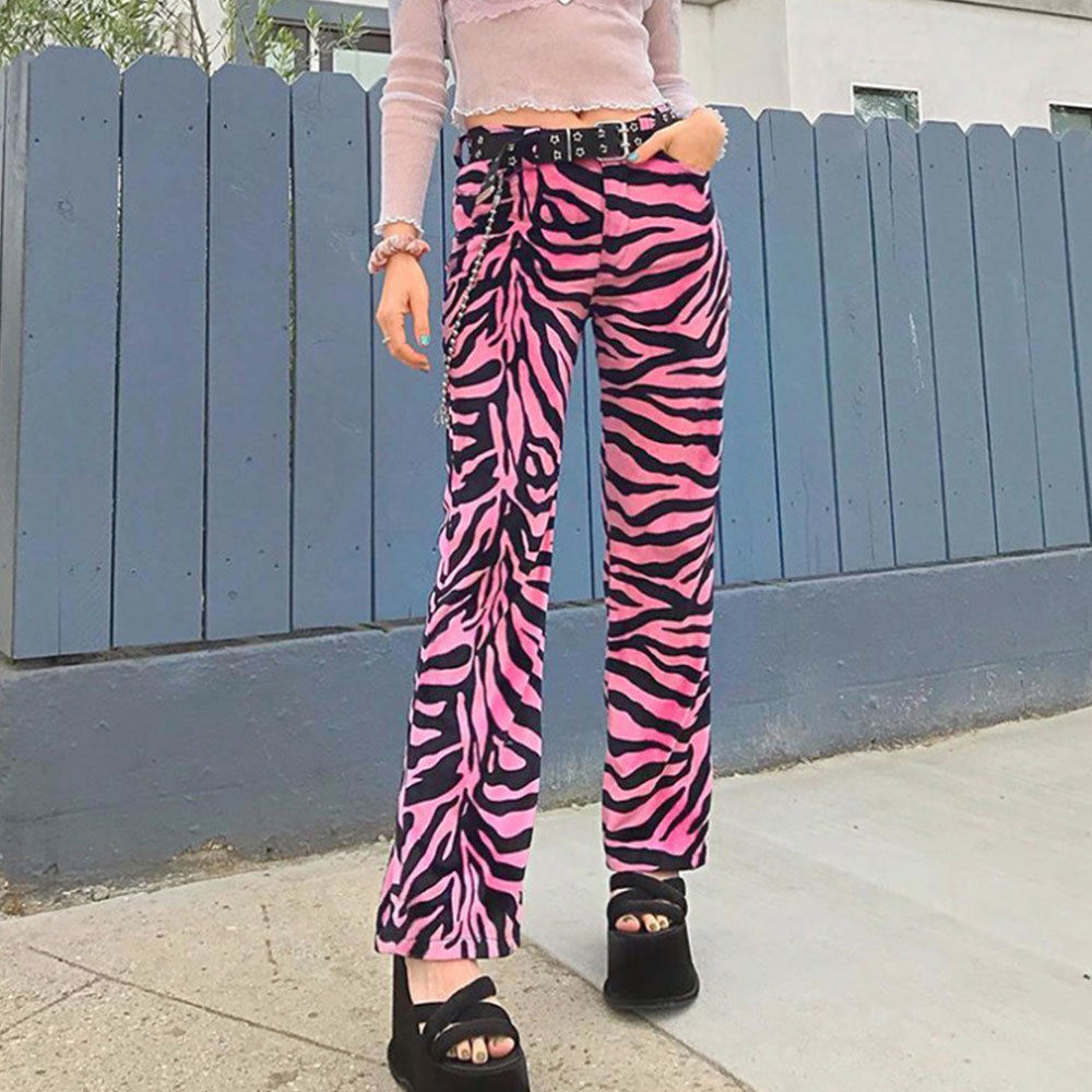 Retro Zebra Striped Straight Women Long Pants Casual Printed High Waisted Streetwear Female Ladies Slim Trousers 210428