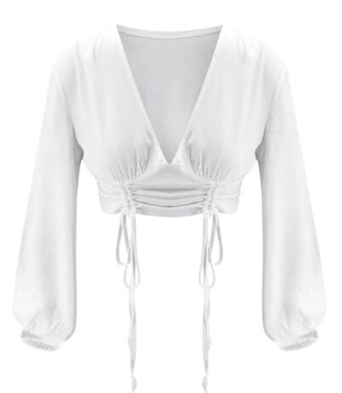 Sexy V Neck Women Long Sleeve Crop Tops Fashion Drawstring Lace Up Lantern Sleeve White Shirts Casual Slim Short Blouses Female 210507