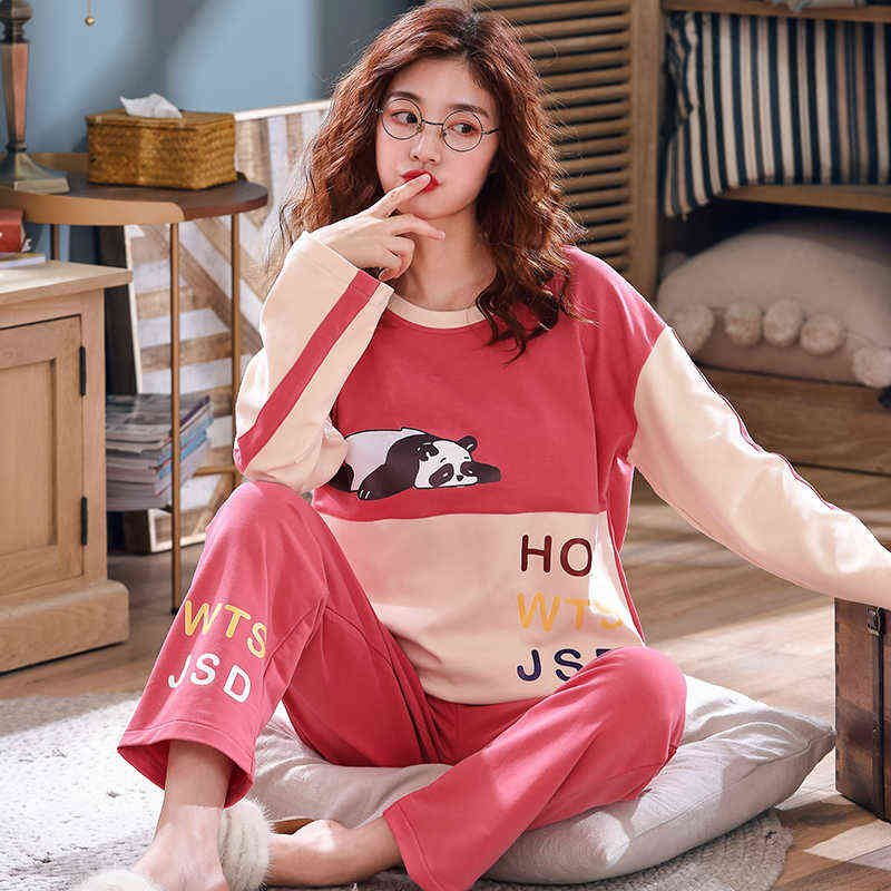 Autumn Cotton Cartoon Pajamas Set Women Pyjamas Sleepwear Loose Long sleeve Pijama Mujer Home Clothes Long Pants Night suit 2pcs 211109