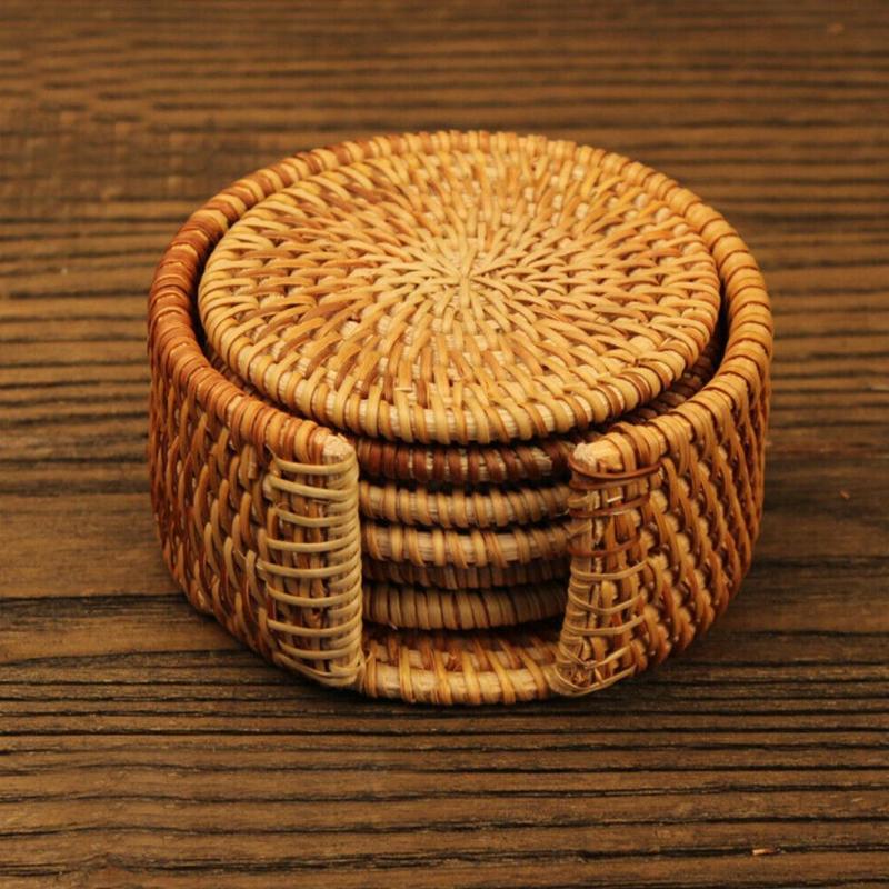 Mats & Pads 6pcs Handmade Woven Rattan Cup Coasters With Basket Non-slip Placemat Tea Trays Coffee Mugs Table Mat Insulation Tableware