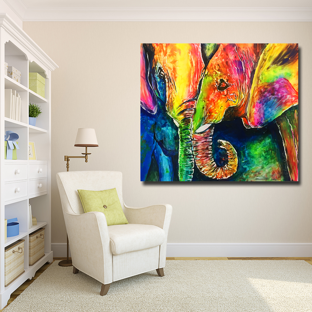 Colorful Elephant Couple Painting Picture Animal Art For Living Room Home Wall Decoration Poster Printed On Canvas