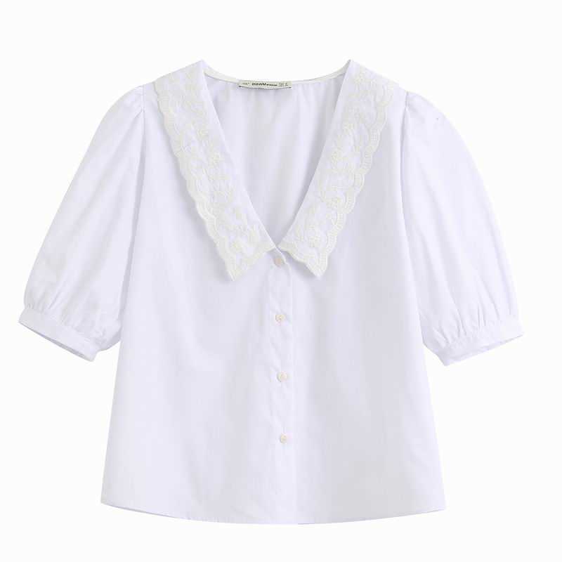 Women White Shirt Summer Fashion Half Sleeve Short Tops Modern Lady Embroidery Blouse 210602
