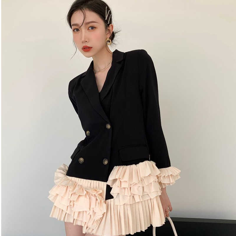 [EWQ] Autumn Female Notched Collar Long-sleeved Blazer Coat Double Breasted Loose Sweet Patchwork Ruffles Suit Top 8Y048 210930