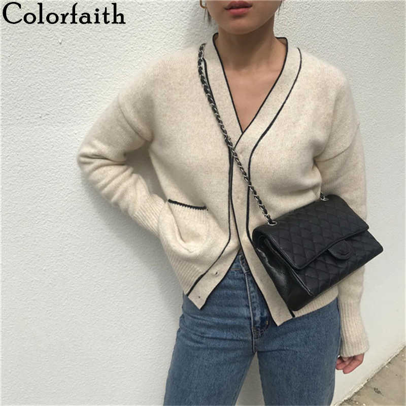 Colorfaith Winter Spring Women's Sweaters Loose Fashionable Knitwear Korean Knitted Ladies Covered Button Cardigans SWC7752 210918